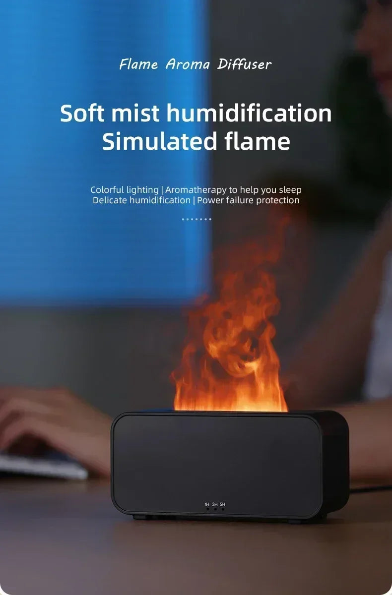 Mini Simulation Flame Humidifier with Colorful Atmosphere Light No Water Power Protection Timed Function for Home Bedroom Office
