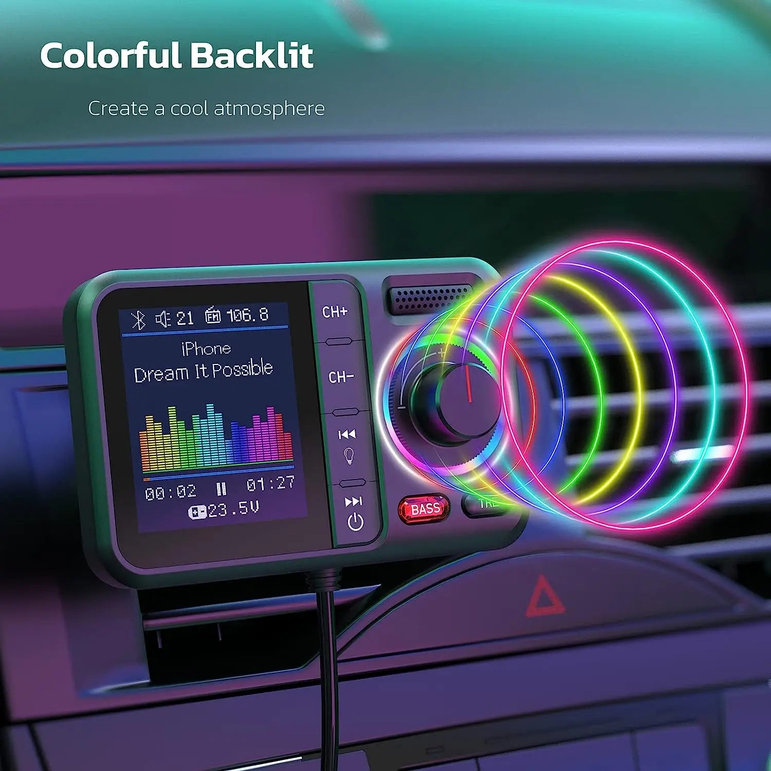 Multifunctional Wireless FM Transmitter with Big Color Screen 2.4A QC3.0 Dual USB Fast Charging Car AUX Adapter MP3 Music Player
