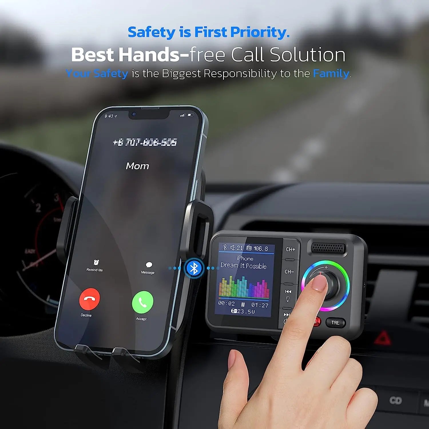 Multifunctional Wireless FM Transmitter with Big Color Screen 2.4A QC3.0 Dual USB Fast Charging Car AUX Adapter MP3 Music Player