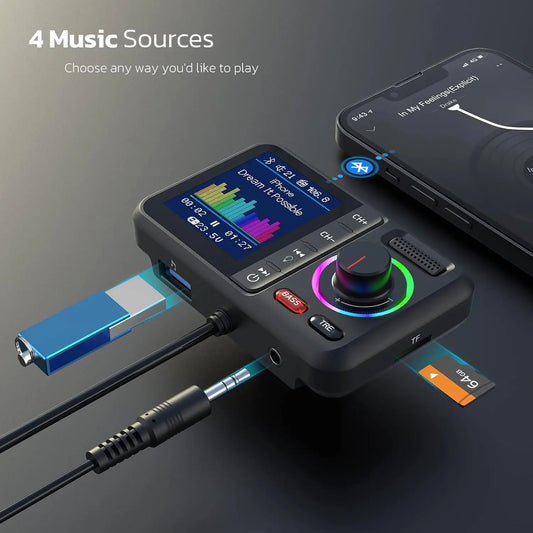 Multifunctional Wireless FM Transmitter with Big Color Screen 2.4A QC3.0 Dual USB Fast Charging Car AUX Adapter MP3 Music Player