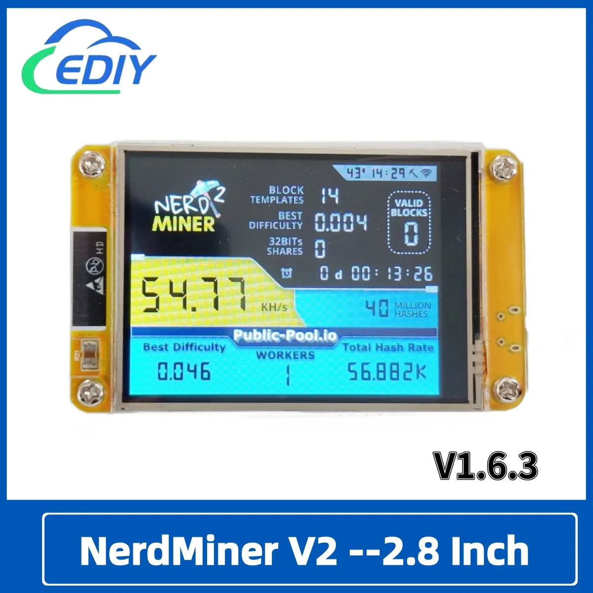 Bitcoin Nerd Miner V2.0 ESP32 2.8 Inch Smart Touch Display BTC Solo Miner 350K/S Win Jackpot Bitcoin Mining Machine