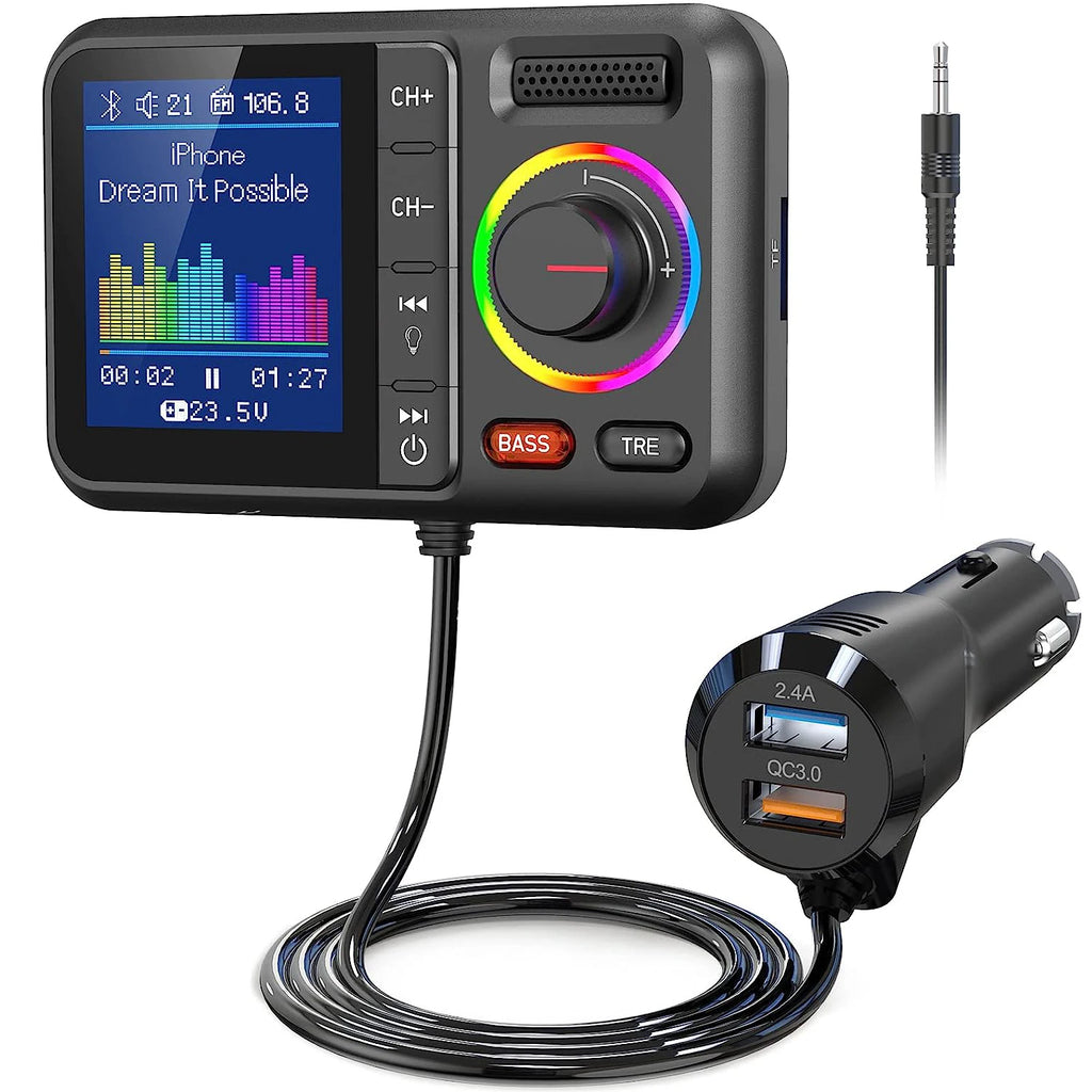 Multifunctional Wireless FM Transmitter with Big Color Screen 2.4A QC3.0 Dual USB Fast Charging Car AUX Adapter MP3 Music Player